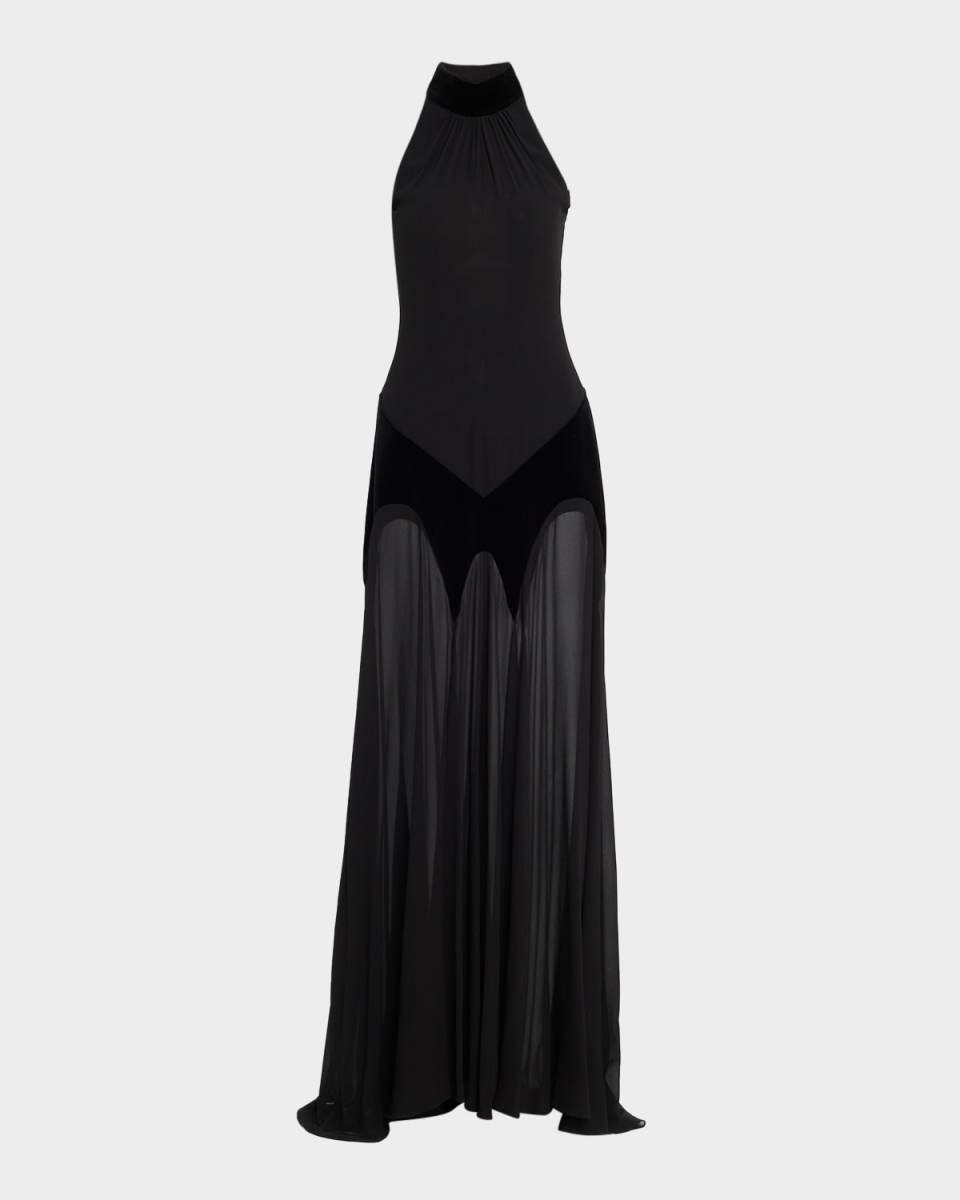 Silk Georgette And Velvet Halter Gown